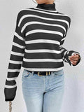 Striped Turtleneck Drop Shoulder Sweater - Trendsi