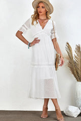Swiss Dot V-Neck Short Sleeve Midi Dress - Trendsi - Flyclothing LLC