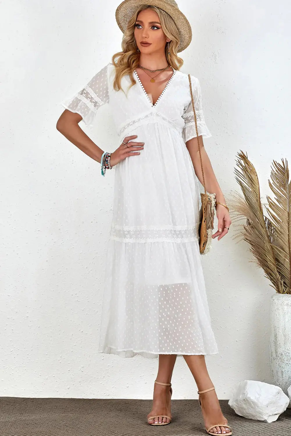 Swiss Dot V-Neck Short Sleeve Midi Dress - Trendsi - Flyclothing LLC