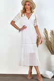 Swiss Dot V-Neck Short Sleeve Midi Dress - Trendsi - Flyclothing LLC