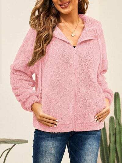 Drawstring Zip Up Hooded Plush Jacket - Trendsi - Flyclothing LLC