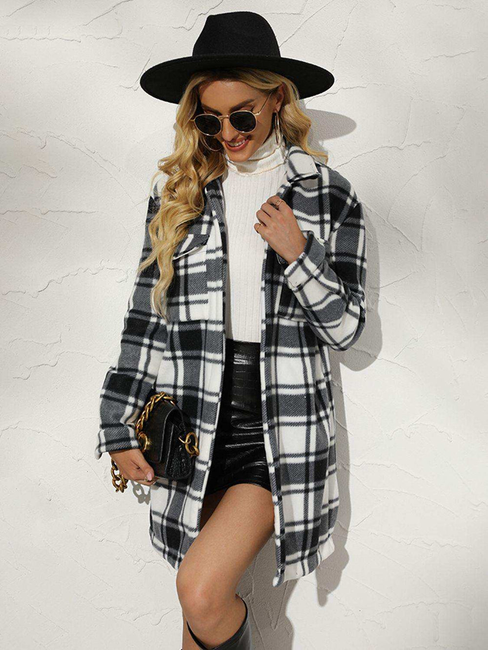 Plaid Collared Longline Coat - Trendsi - Flyclothing LLC