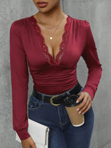 Lace Detail Plunge Long Sleeve Bodysuit - Trendsi - Flyclothing LLC