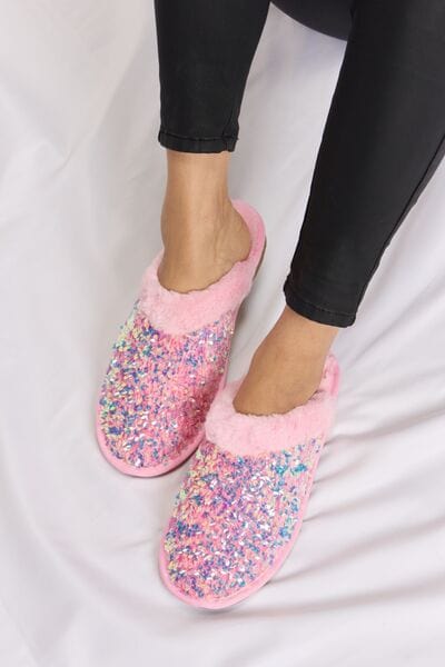 Forever Link Sequin Plush Round Toe Slippers - Trendsi