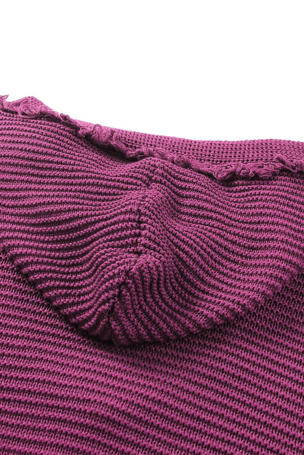 Horizontal Ribbing Fringe Trim Hooded Sweater - Trendsi
