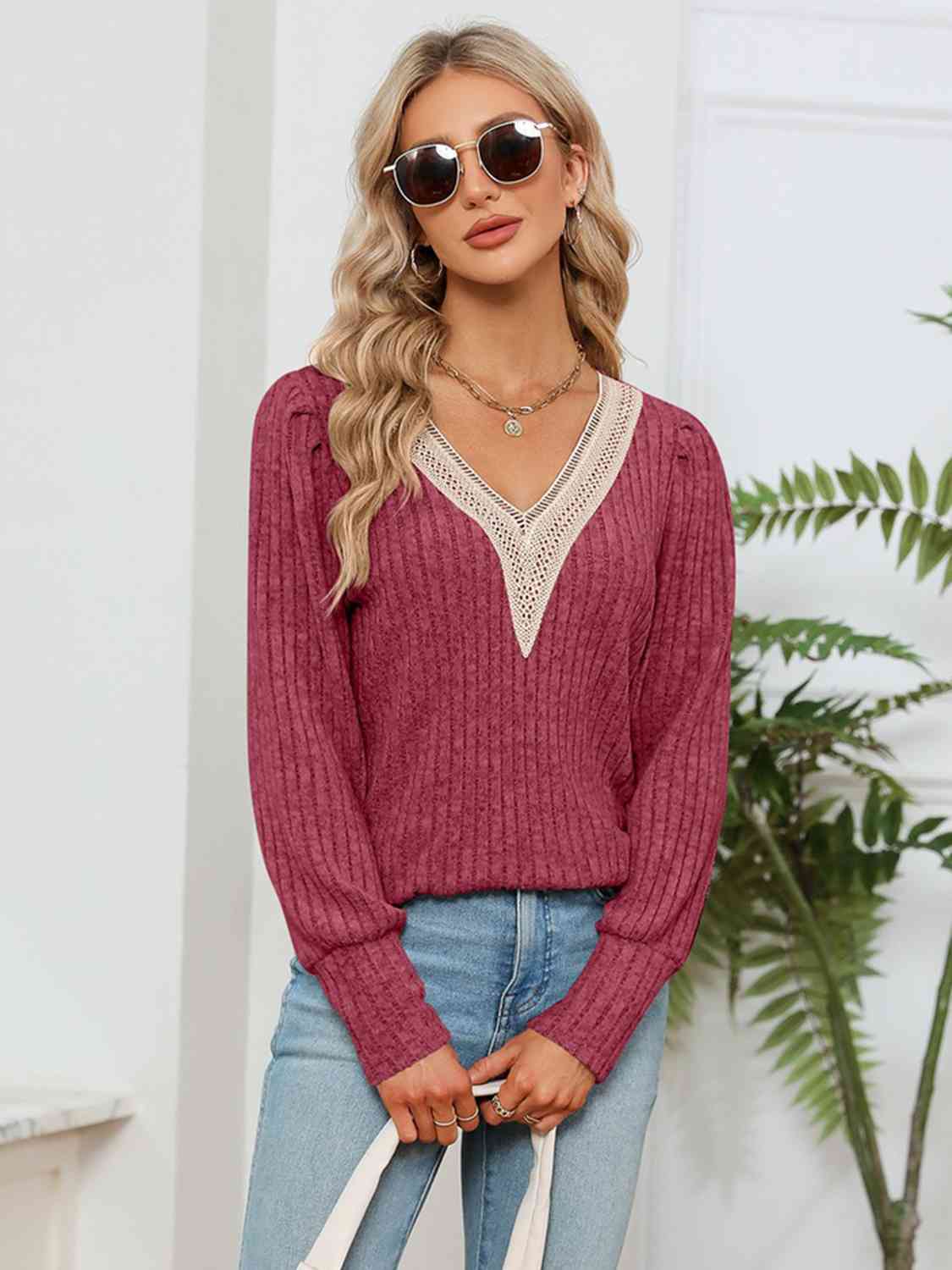 Lace Detail V-Neck Ribbed Blouse - Trendsi - Flyclothing LLC