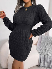 Cable-Knit Round Neck Mini Wrap Sweater Dress - Trendsi