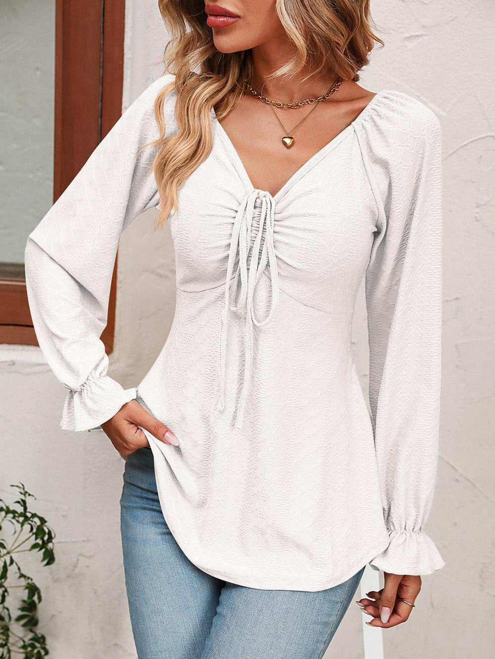 Tie Front V-Neck Puff Sleeve Blouse - Trendsi - Flyclothing LLC