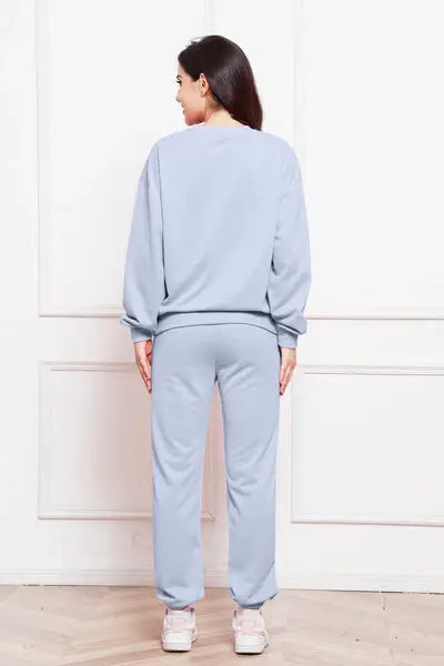 Round Neck Long Sleeve Sweatshirt and Pants Set - Trendsi - Flyclothing LLC