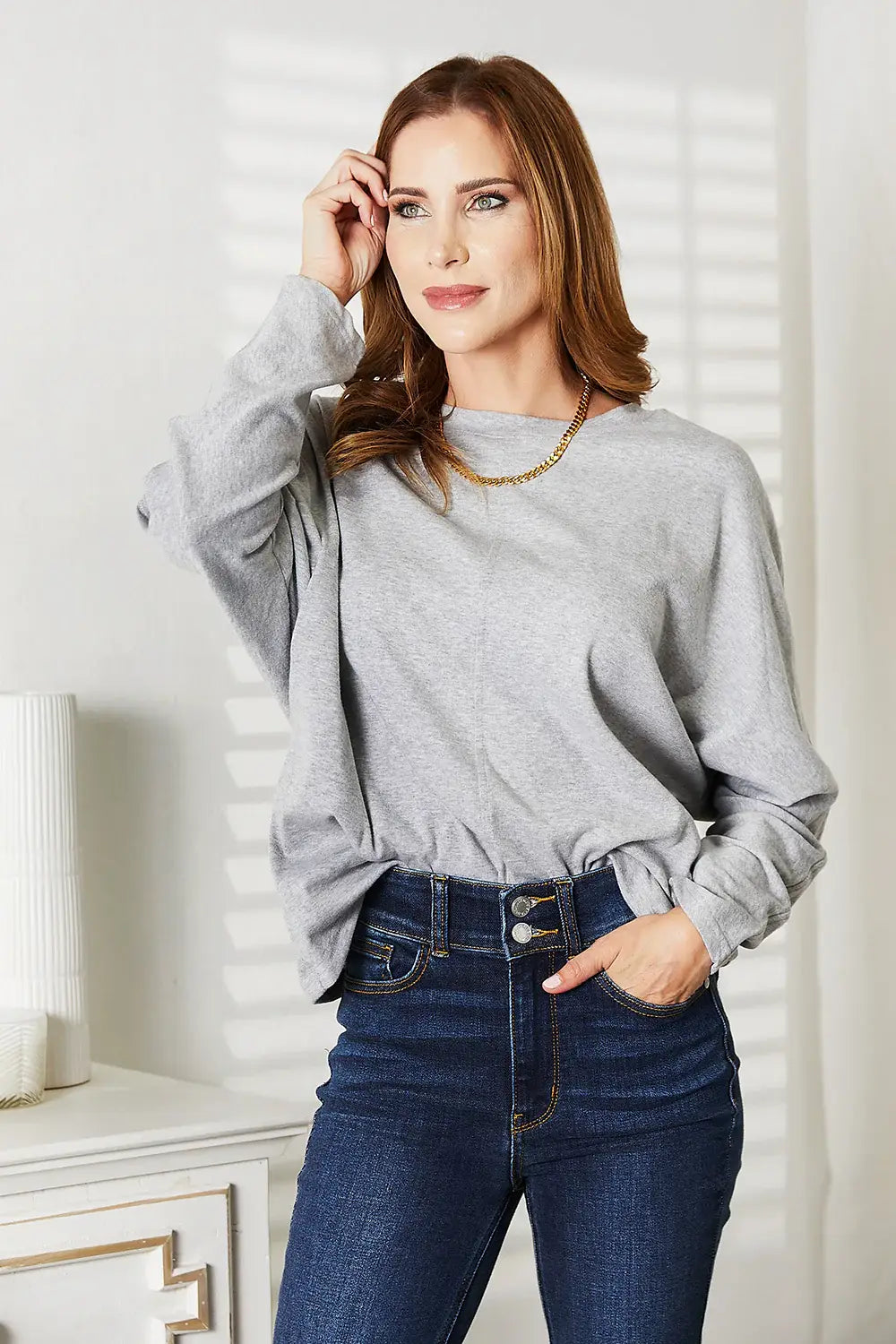 Double Take Seam Detail Round Neck Long Sleeve Top - Trendsi - Flyclothing LLC