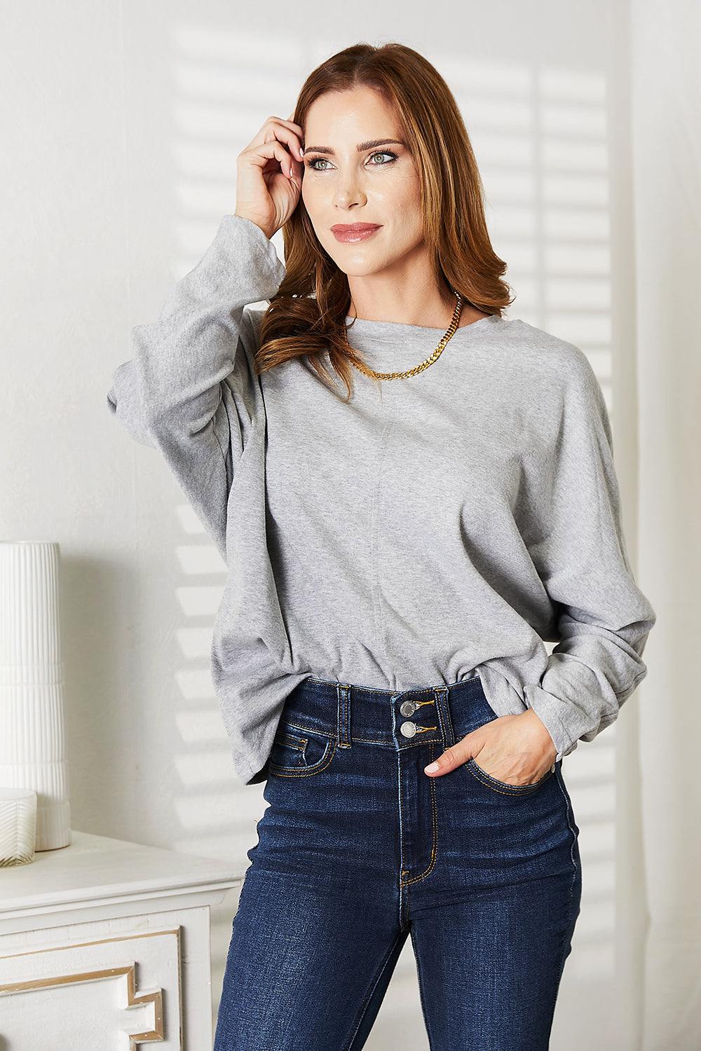 Double Take Seam Detail Round Neck Long Sleeve Top - Trendsi