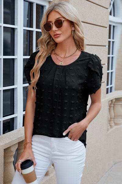 Swiss Dot Round Neck Short Sleeve T-Shirt - Trendsi - Flyclothing LLC