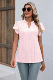 Eyelet Notched Neck Flutter Sleeve Top - Trendsi - Flyclothing LLC