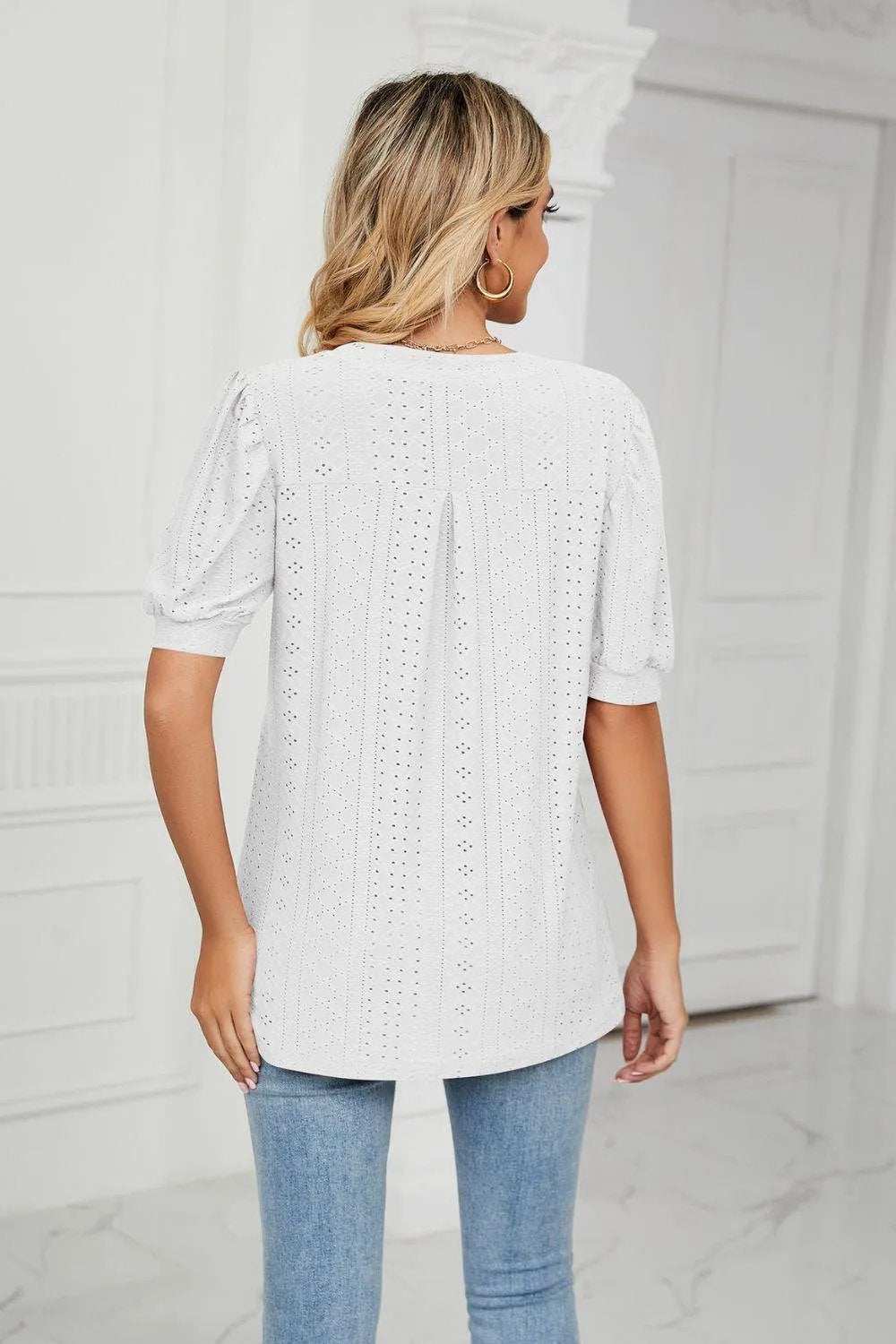 Eyelet Short Puff Sleeve Notched Neck Top - Trendsi - Flyclothing LLC