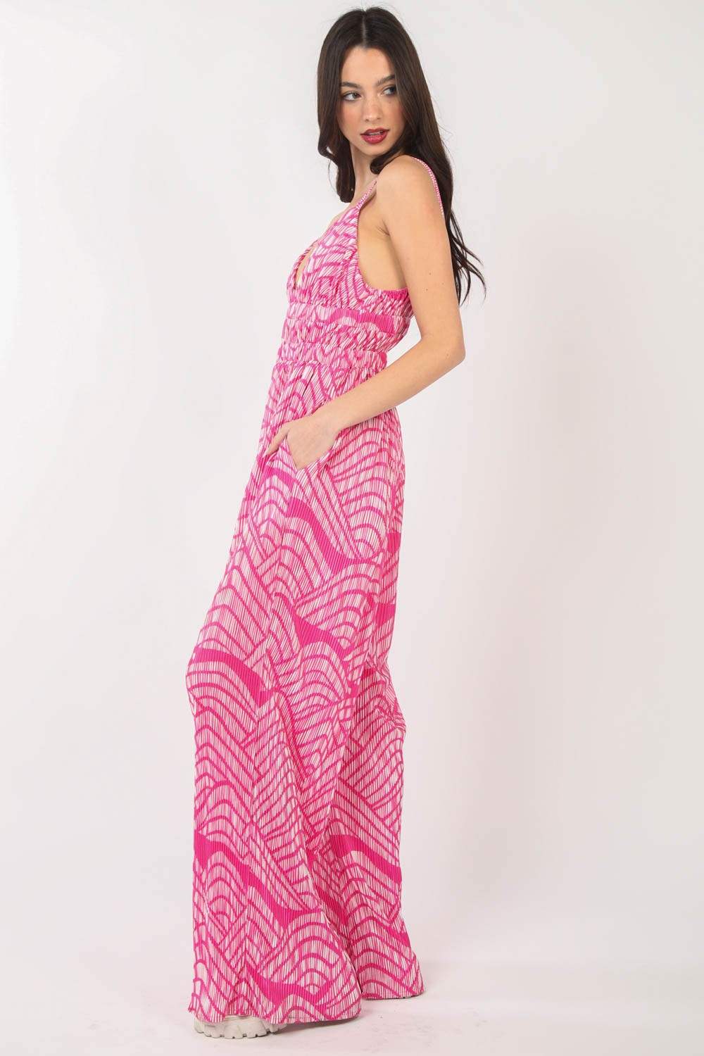 VERY J Printed Pleated Sleeveless Wide Leg Jumpsuit - Trendsi - Flyclothing LLC