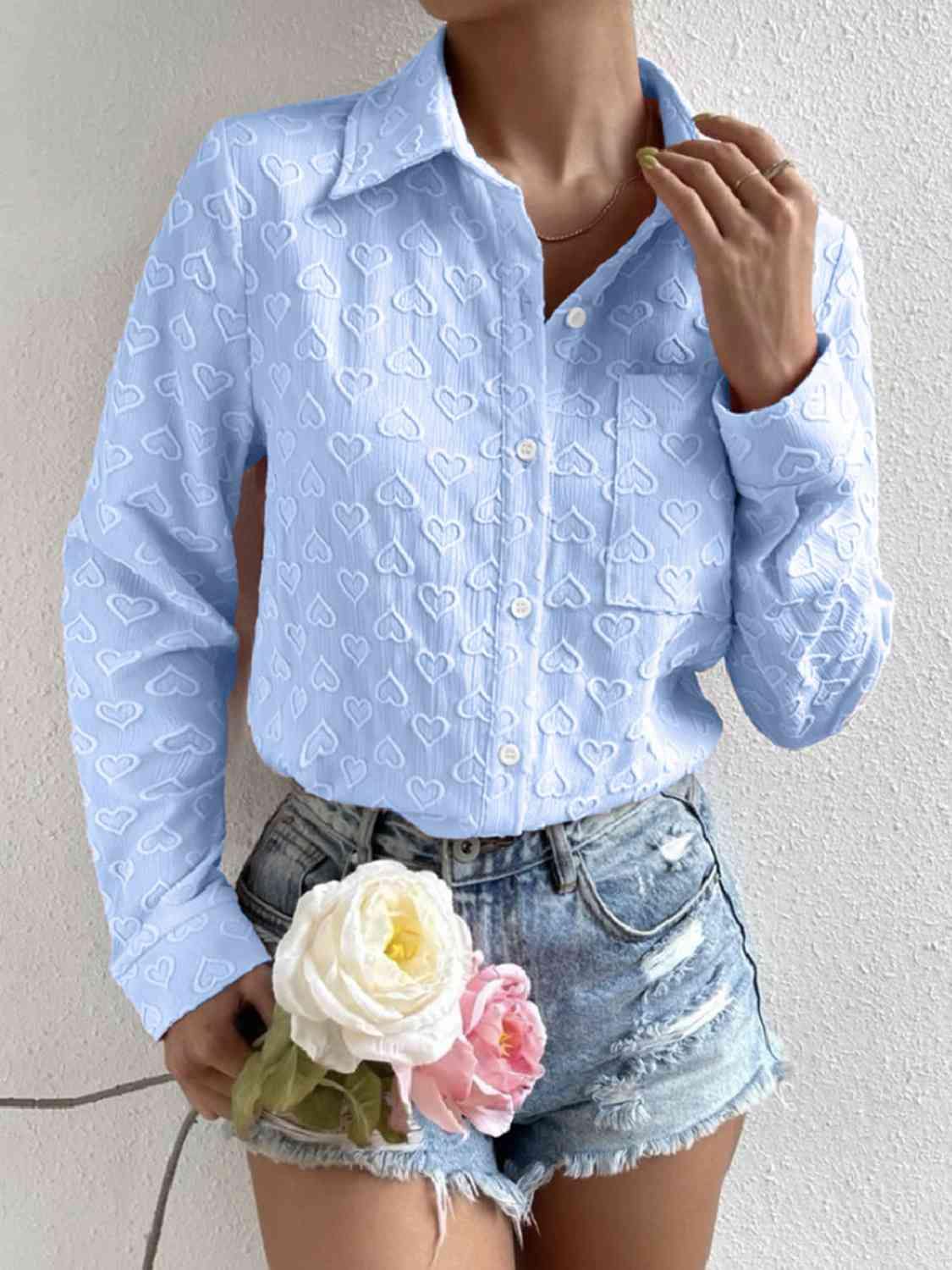 Heart Collared Neck Button Down Shirt - Trendsi