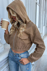 Zip-Up Corduroy Cropped Hooded Jacket - Flyclothing LLC