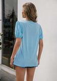 V-Neck Decorative Buttons Puff Sleeve Tee - Trendsi - Flyclothing LLC