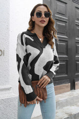 Two-Tone Johnny Collar Dropped Shoulder Pullover Sweater - Trendsi