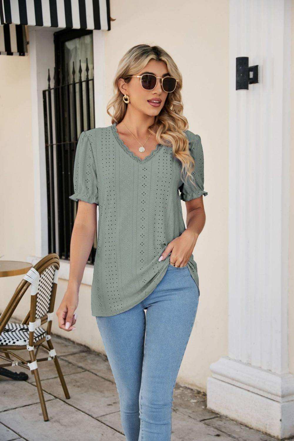 Eyelet Flounce Sleeve Scalloped V-Neck Top - Trendsi - Flyclothing LLC