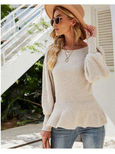 （No）Ribbed Round Neck Lantern Sleeve Sweater - Trendsi - Flyclothing LLC