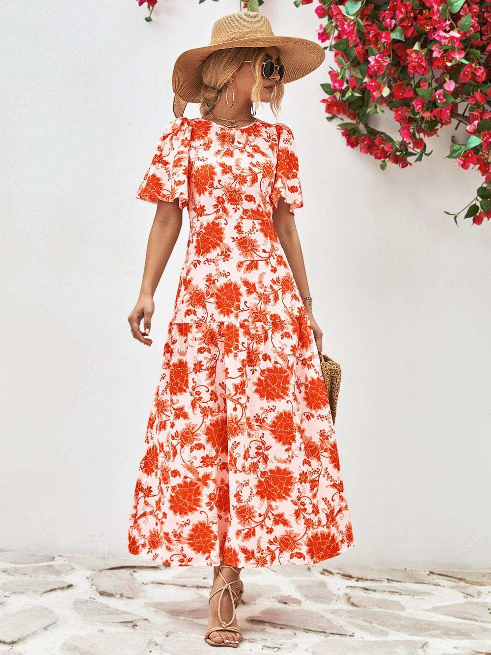 Floral Round Neck Tied Open Back Dress - Trendsi - Flyclothing LLC