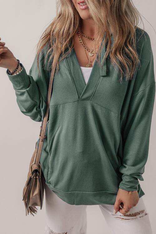 V-Neck Long Sleeve Hooded Top - Trendsi - Flyclothing LLC