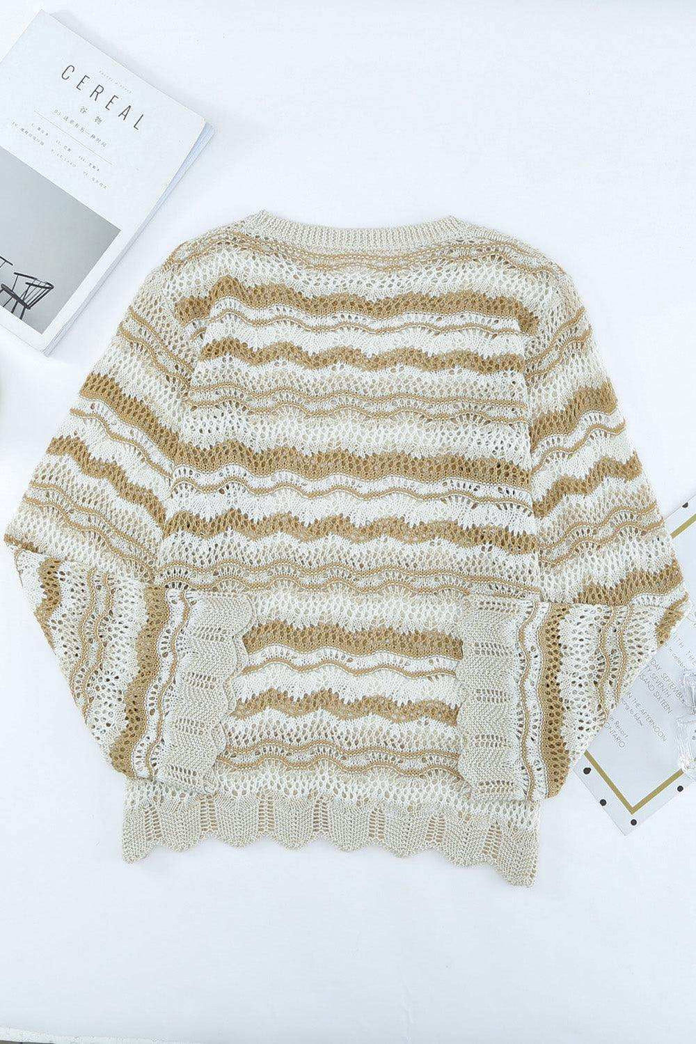 Wavy Stripe Scalloped Hem Openwork Knit Top - Trendsi - Flyclothing LLC
