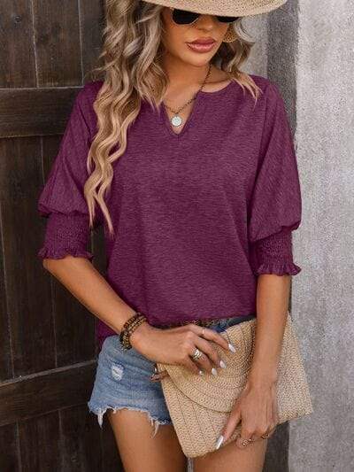 Heathered Notched Lantern Sleeve Blouse - Trendsi - Flyclothing LLC
