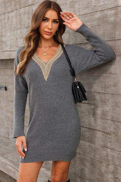 V-Neck Long Sleeve Mini Sweater Dress - Trendsi - Flyclothing LLC