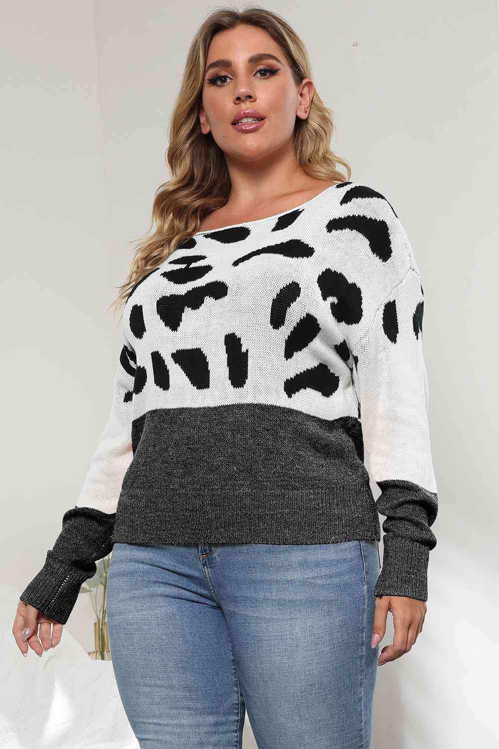 Plus Size Leopard Round Neck Long Sleeve Sweater - Trendsi - Flyclothing LLC