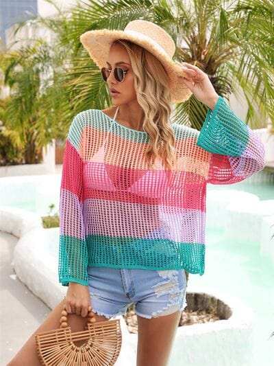 Color Block Openwork Boat Neck Cover Up - Trendsi - Flyclothing LLC