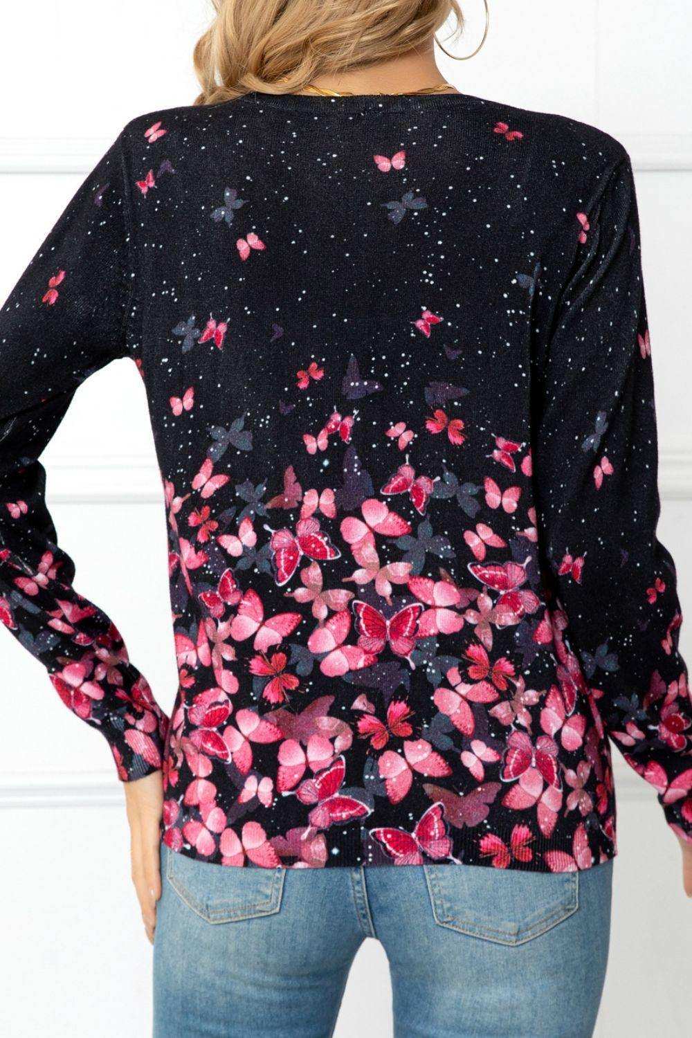 Floral Button Front Round Neck Cardigan - Trendsi - Flyclothing LLC