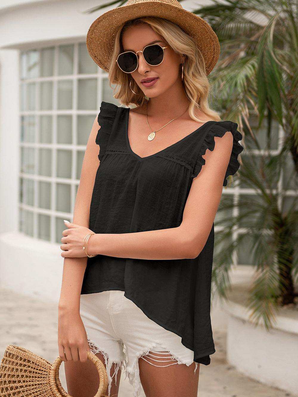 Tie Back V-Neck Ruffled Blouse - Trendsi - Flyclothing LLC