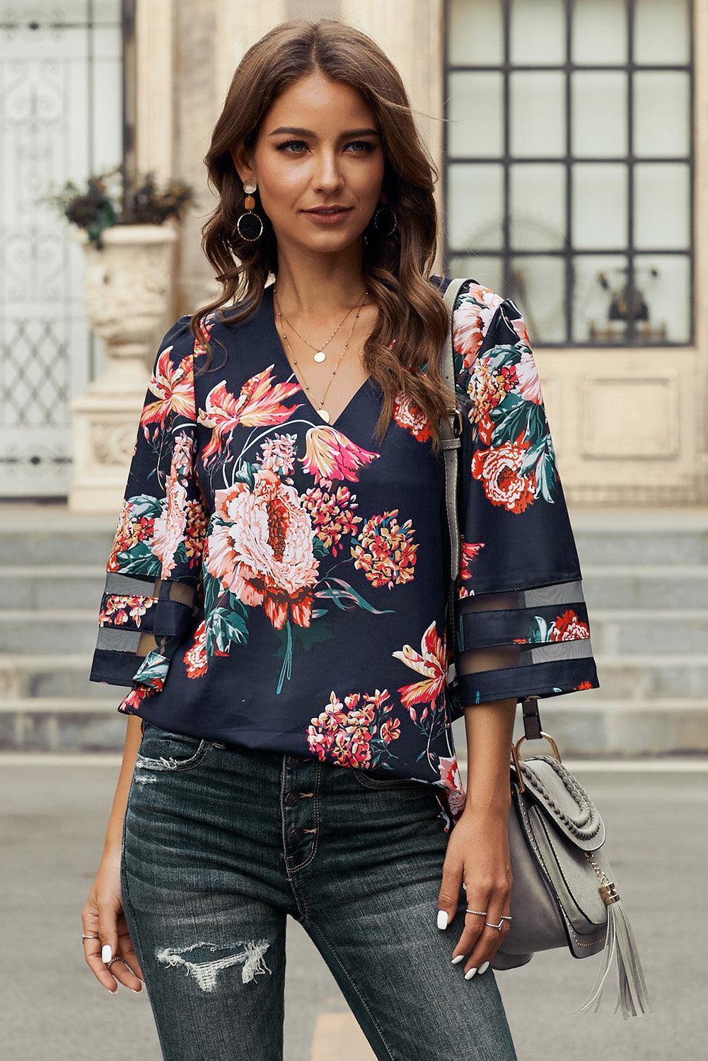Printed Flare Sleeve Top - Trendsi