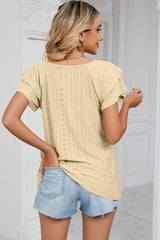 Eyelet V-Neck Short Sleeve T-Shirt - Trendsi - Flyclothing LLC