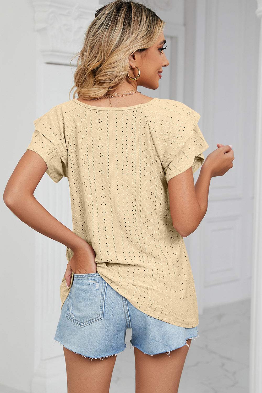 Eyelet V-Neck Short Sleeve T-Shirt - Trendsi - Flyclothing LLC