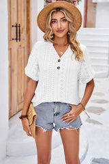 Buttoned Notched Neck Eyelet Top - Trendsi - Flyclothing LLC