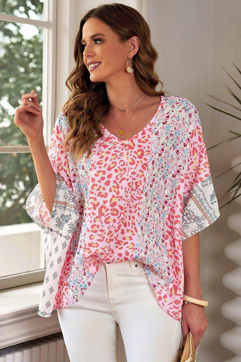 Mixed Print V-Neck Blouse - Trendsi - Flyclothing LLC