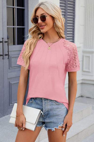 Openwork Round Neck Short Sleeve T-Shirt - Trendsi - Flyclothing LLC