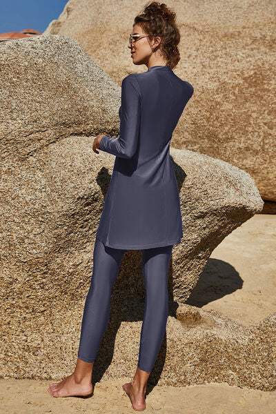 Slit Mock Neck Long Sleeve Top and Pants Swim Set - Trendsi - Flyclothing LLC