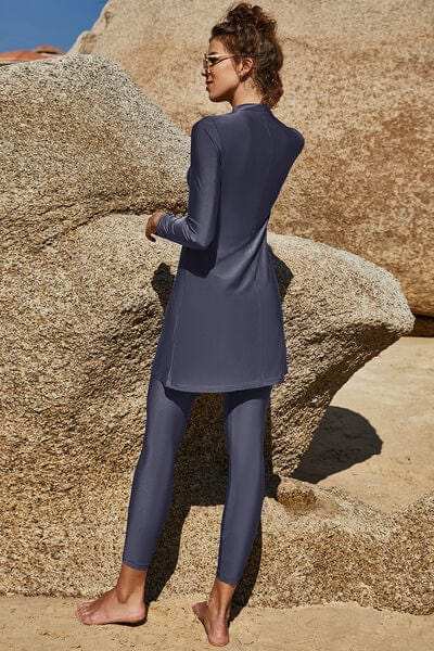 Slit Mock Neck Long Sleeve Top and Pants Swim Set - Trendsi - Flyclothing LLC