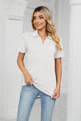 Curved Hem Johnny Collar Polo Shirt - Trendsi - Flyclothing LLC