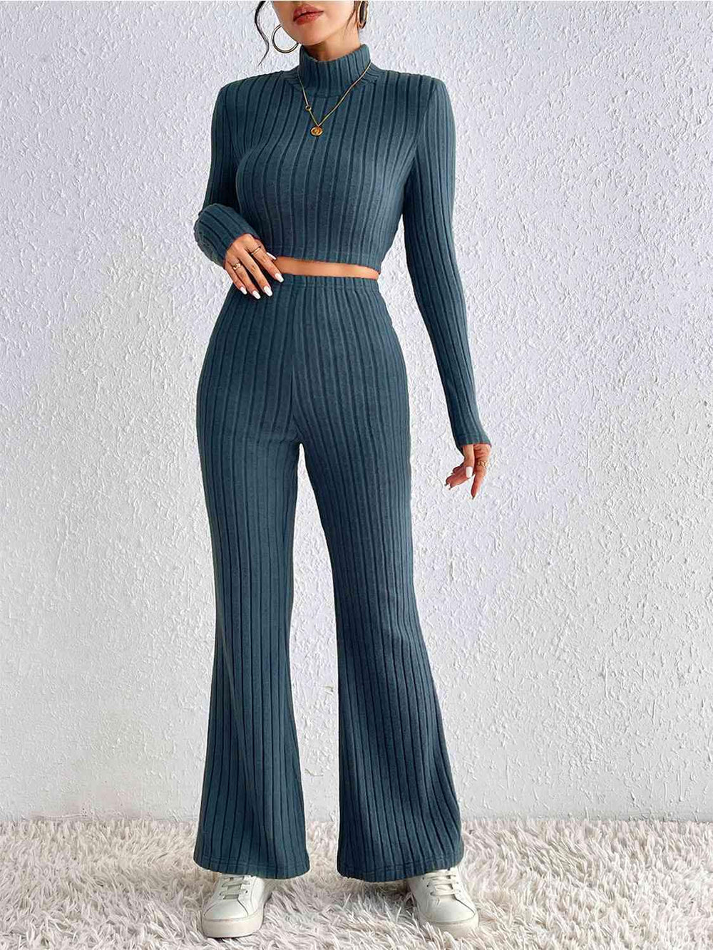 Ribbed Mock Neck Cropped Sweater & High Waist Pants Set - Trendsi