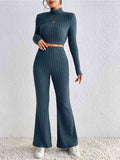 Ribbed Mock Neck Cropped Sweater & High Waist Pants Set - Trendsi