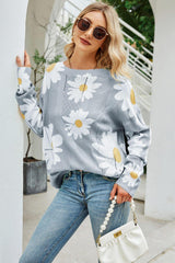 Daisy Print Openwork Round Neck Sweater - Trendsi