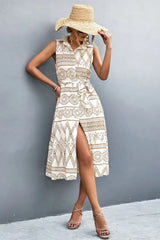 Printed Button Front Tie-Waist Sleeveless Collared Dress - Trendsi - Flyclothing LLC