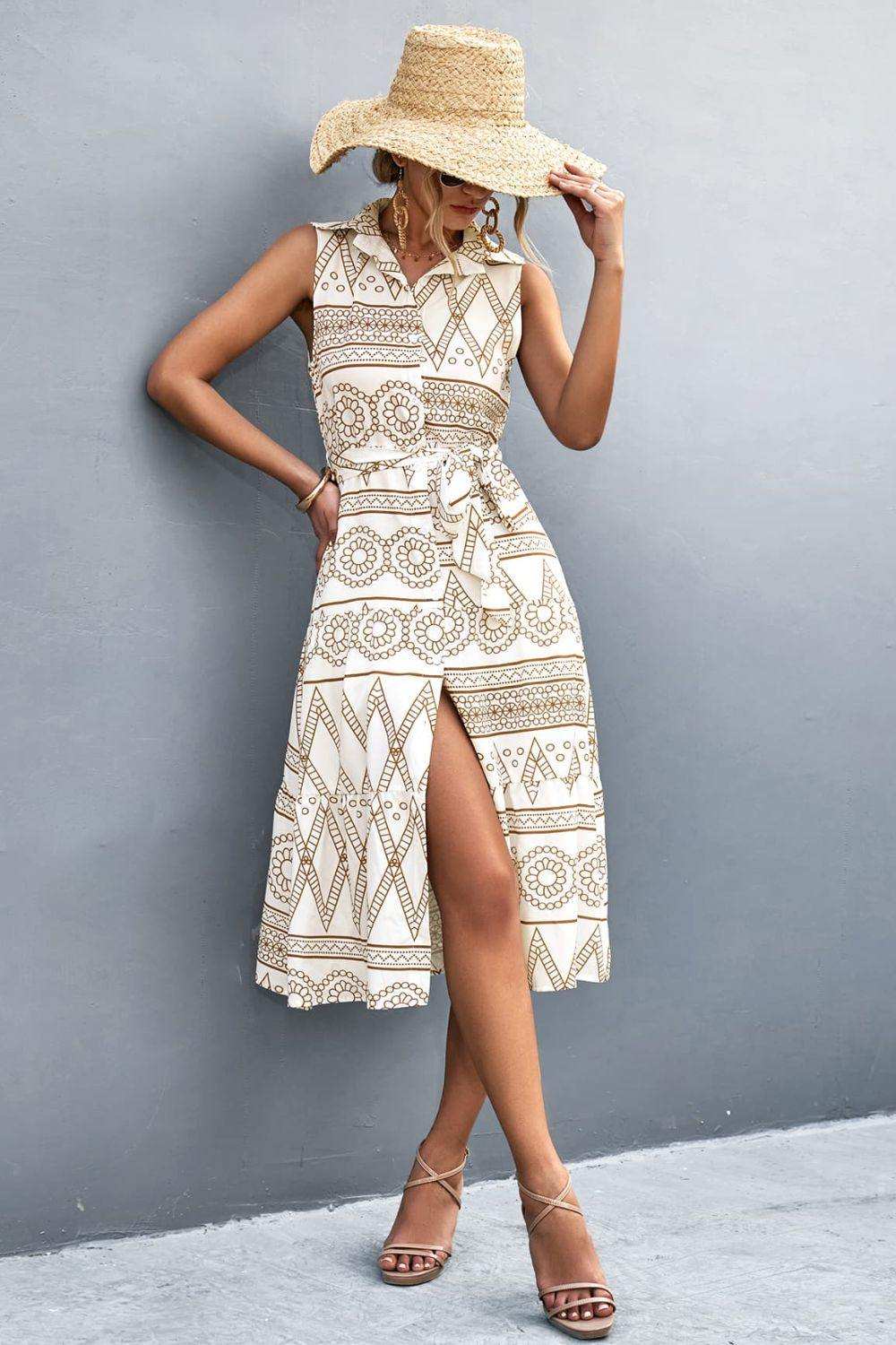 Printed Button Front Tie-Waist Sleeveless Collared Dress - Trendsi - Flyclothing LLC