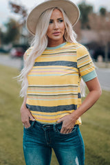 Multicolored Striped Round Neck Tee Shirt - Trendsi