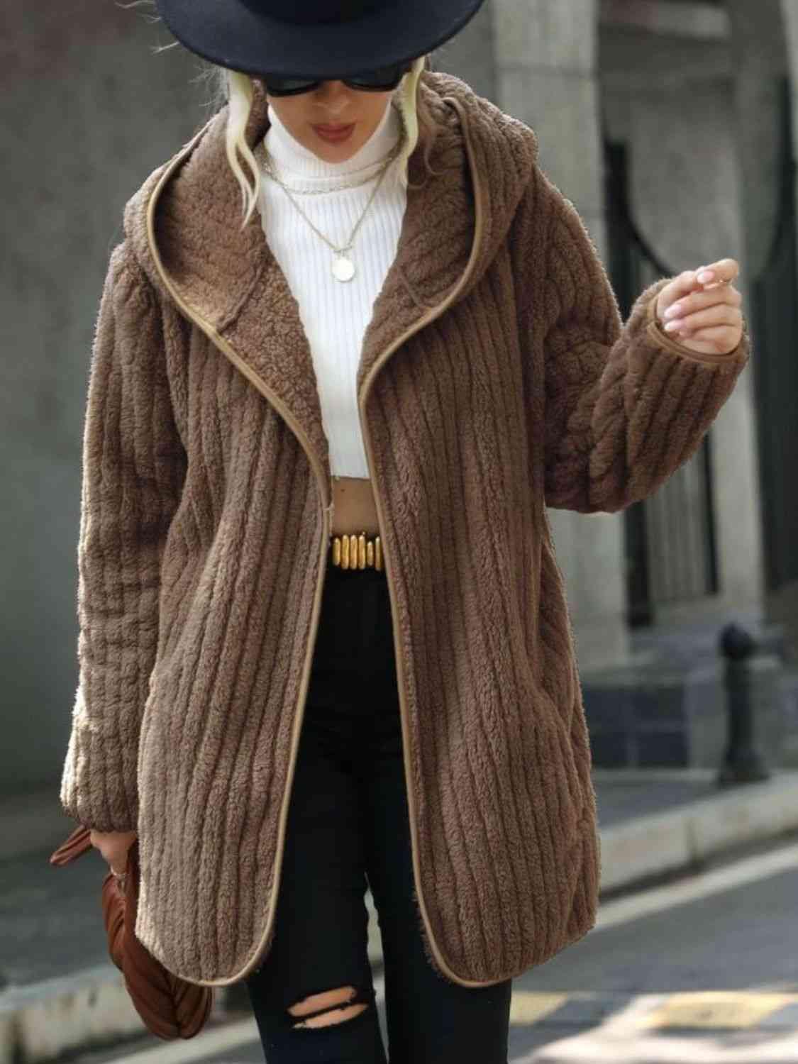 Open Front Ribbed Hooded Coat - Trendsi